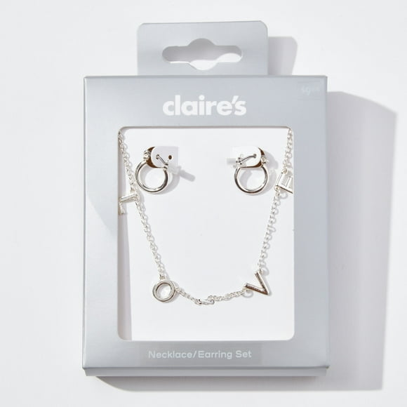 Claire's Jewelry Set Silver Love Initials Necklace and Small Hoop Earrings, Female, 1010