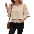 thumbnail image 2 of Blusas de Mujer con Cuello Redondo, 3/4, Cintura Elástica y Dobladillo Fruncido, Blusas Casuales Lisas Caqui M, 2 of 9