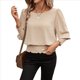 thumbnail image 2 of Blusas de Mujer con Cuello Redondo, 3/4, Cintura Elástica y Dobladillo Fruncido, Blusas Casuales Lisas Caqui XL, 2 of 9