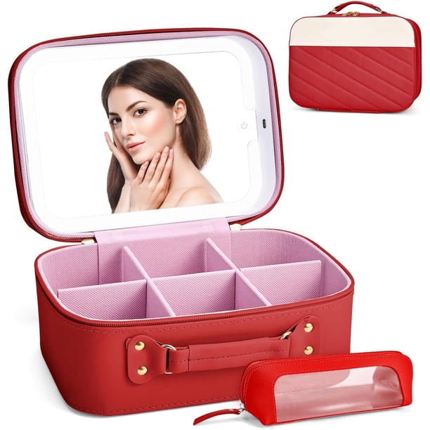 Cosmetiquera de Maquillaje con Espejo LED 3 Modes, Estuche Portátil de Maquillaje con Bolsa para Brochas, Neceser de Viaje con Divisores Desmontables, Organizador Accesorios Belleza para Mujer
