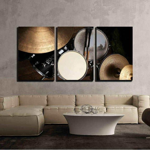 wall26 - 3 Piece Canvas Wall Art - Drum Set in Dramatic Light on a Black Background - Modern Home Decor Stretched and Framed Ready to Hang - 16"x24"x3 Panels