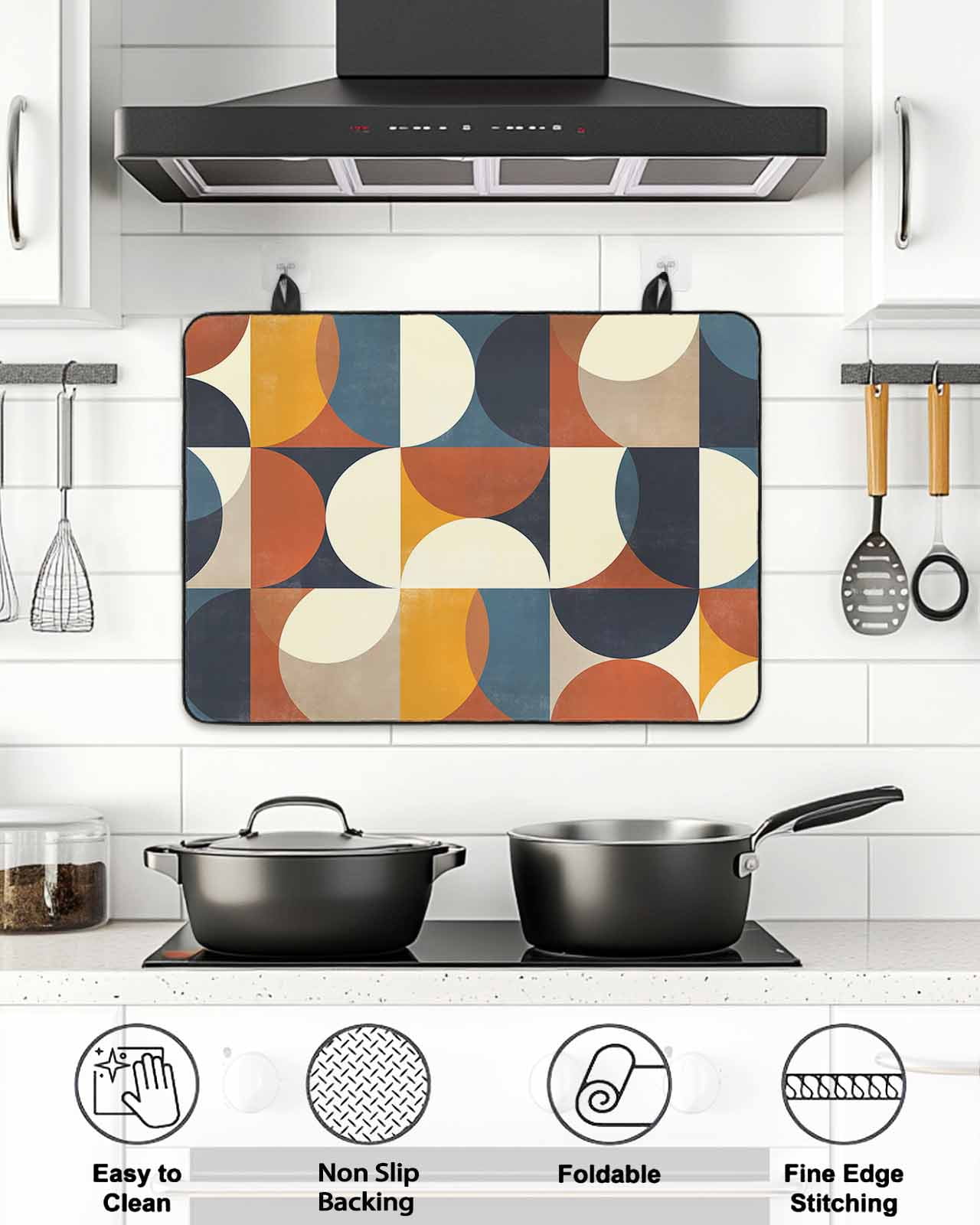Stove Top Covers for Electric Stove, Navy Blue Beige Glass Stovetop Cover Protector, Middle Century Modern Geometric Abstract Art Induction Cooktop Protector Oven Mat for Kitchen Countertop 24"x21"