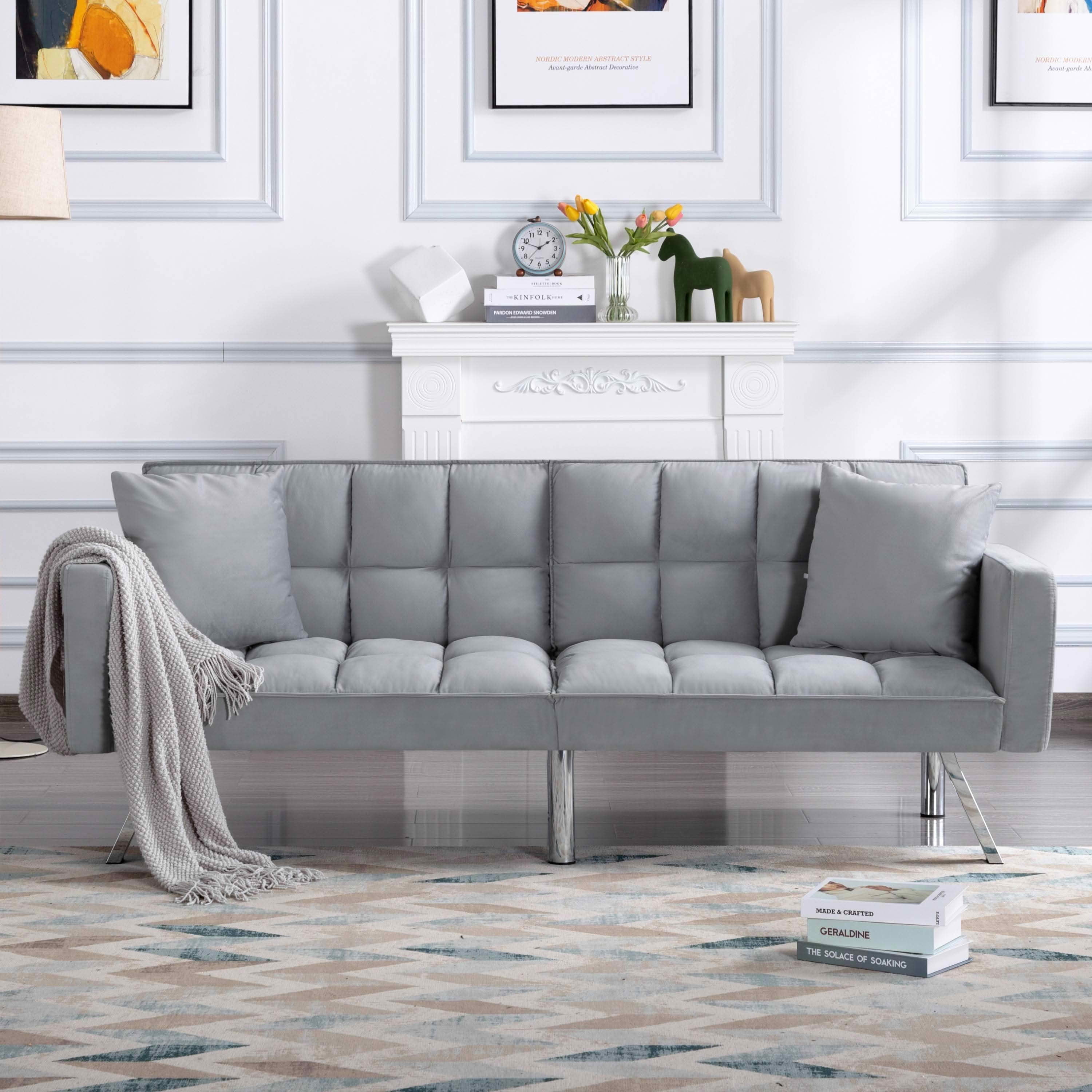 MAYEERTY 74" Convertible Futon Sofa Bed, Twin Size 2-Seater Sleeper Couch with 5-Position Adjustable Backrest, Velvet Sofa for Home Office Guest Room, Light Gray