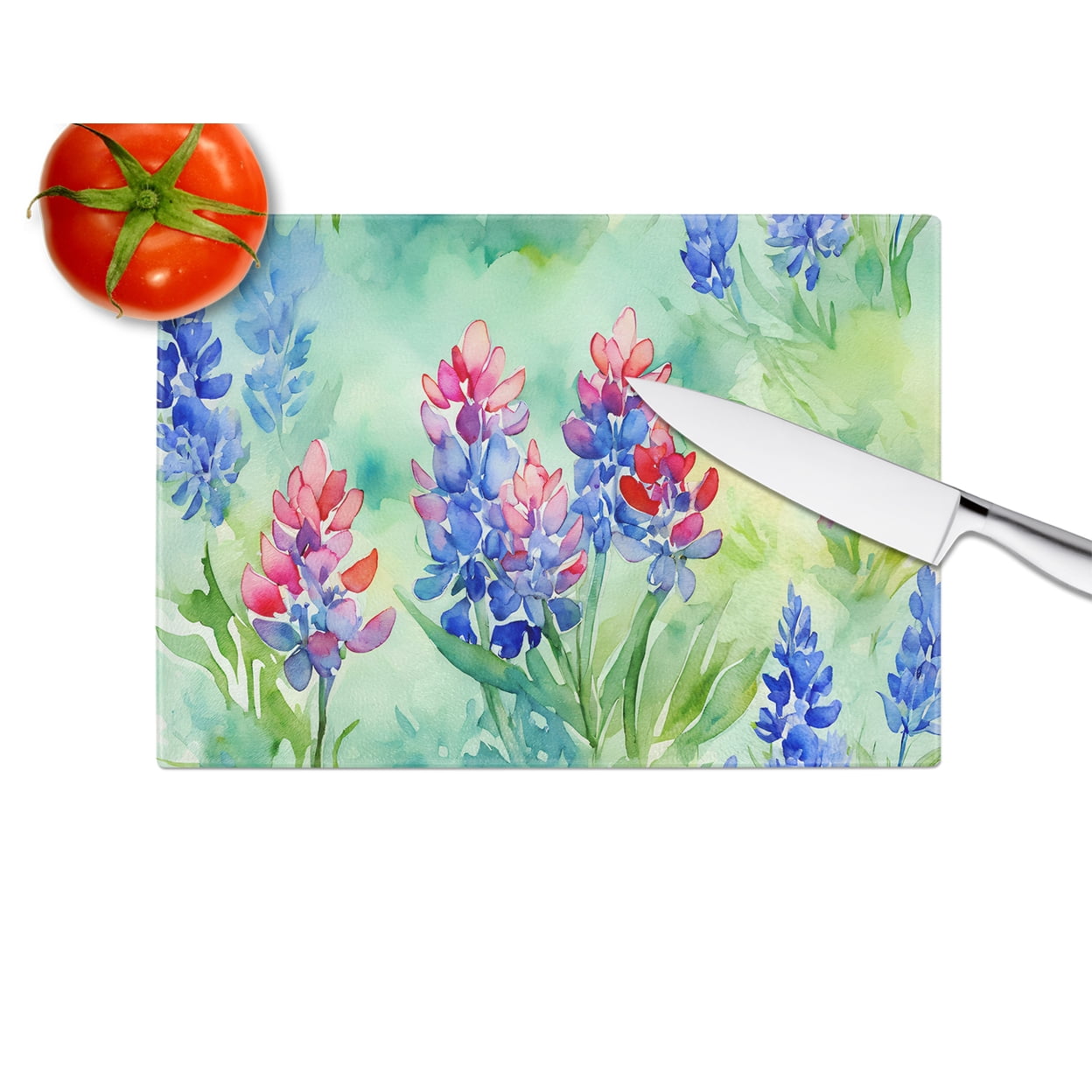 Texas Bluebonnets in Watercolor Glass Cutting Board Large 12 in x 15 in