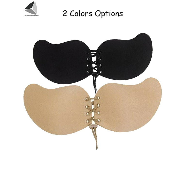 PULLIMORE 2 Pairs Women's Push Up Invisible Bras Breathable Self-Adhesive  Backless Bras Drawstring Chest Stickers (Cup D, Black+Skin)