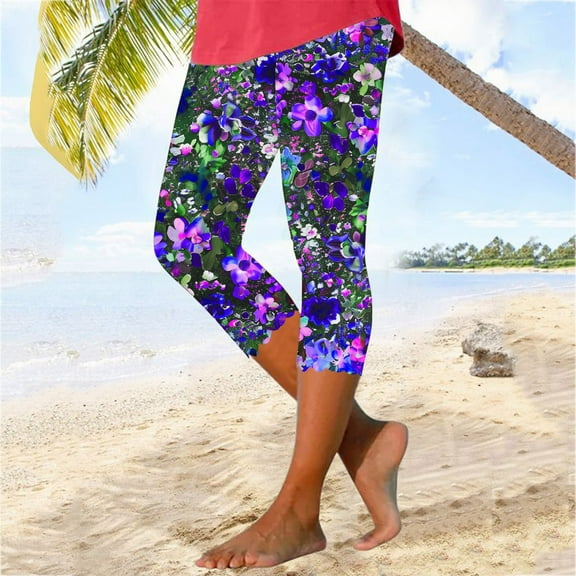 Nfurl Womens Hawaii Floral Print Capri Leggings Boho Summer Beach Leggings Slim Fits Cropped Pants Stretch Buttery Soft Capris High Waisted Workout Tights