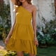 thumbnail image 1 of Vestidos De Playa Vestido corto de mujer con pliegues en el cuello de un hombro Vestido de sol para cóctel (Amarillo M) Cgtredaw para Mujer Amarillo T XL, 1 of 6
