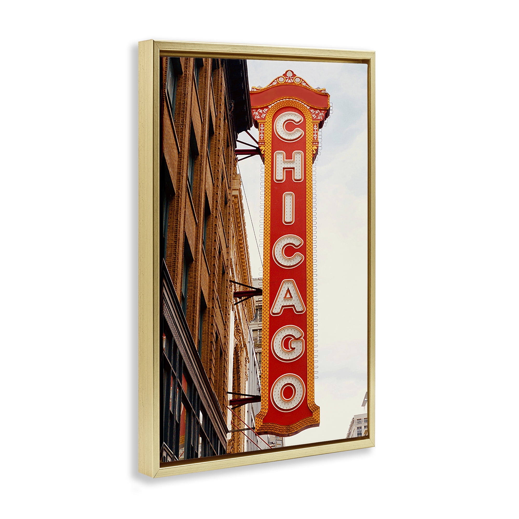 Stupell Industries Chicago City Sign Cities & Countries Photography Gold Floater Framed Canvas Art Print Wall Art, 21 x 31