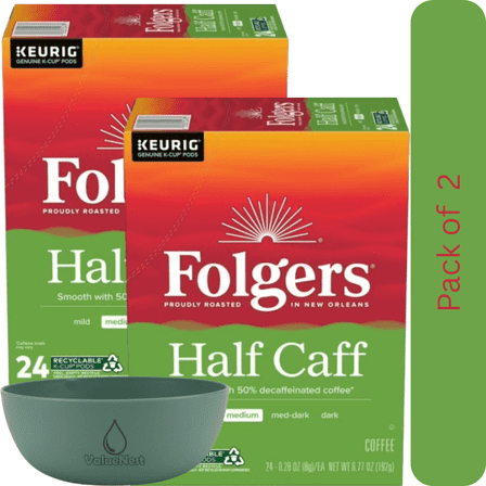 Folgers 1/2 Caff Medium Roast Coffee K-Cup Pods 24 Count Box Pack of 2 with Bowl by Value Nest