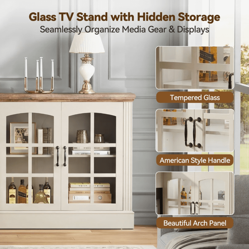 Easoger 97" TV Stand with Electric Fireplace, 3-Sided Glass Display Media Console for Over 100" TVs, Large Storage with Glass Doors & Shelves, LED Backlight, White + Light Walnut