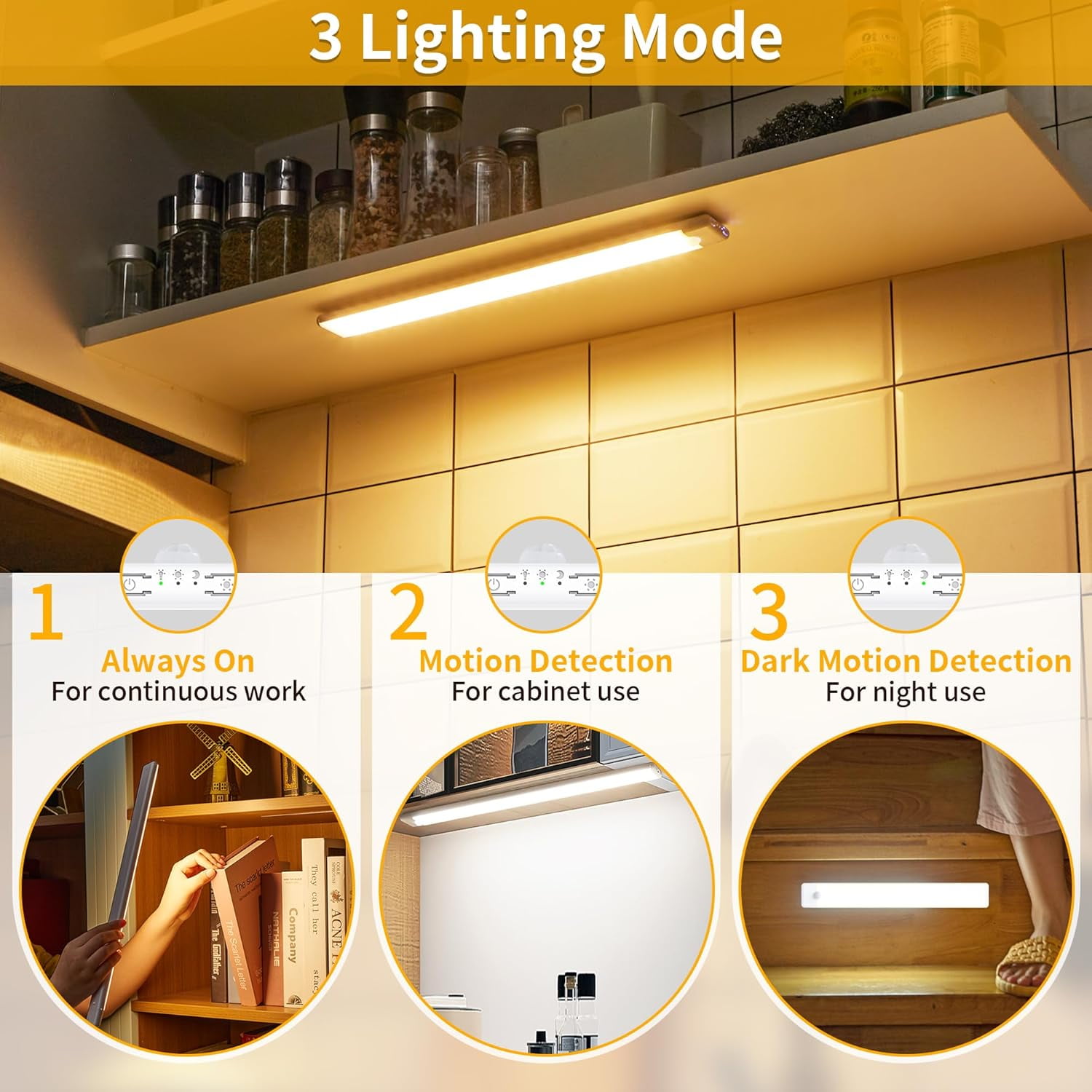Wireless Under Cabinet Lighting 12 Inch 3 Pack, 1500mAh Magnetic Motion Sensor Light USB C Rechargeable Closet Lights, Color Dimmable LED Night Stick on Counter Lights for Kitchen Stairs