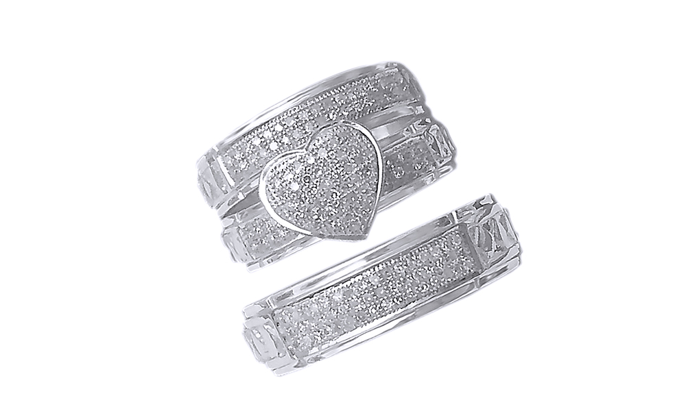 AFFY White Natural Diamond Heart Shape Engagement & Wedding Trio Band Ring Set In 10k White Gold (0.47 Cttw)