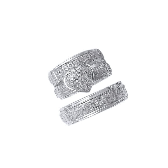 AFFY White Natural Diamond Heart Shape Engagement & Wedding Trio Band Ring Set In 10k White Gold (0.47 Cttw)