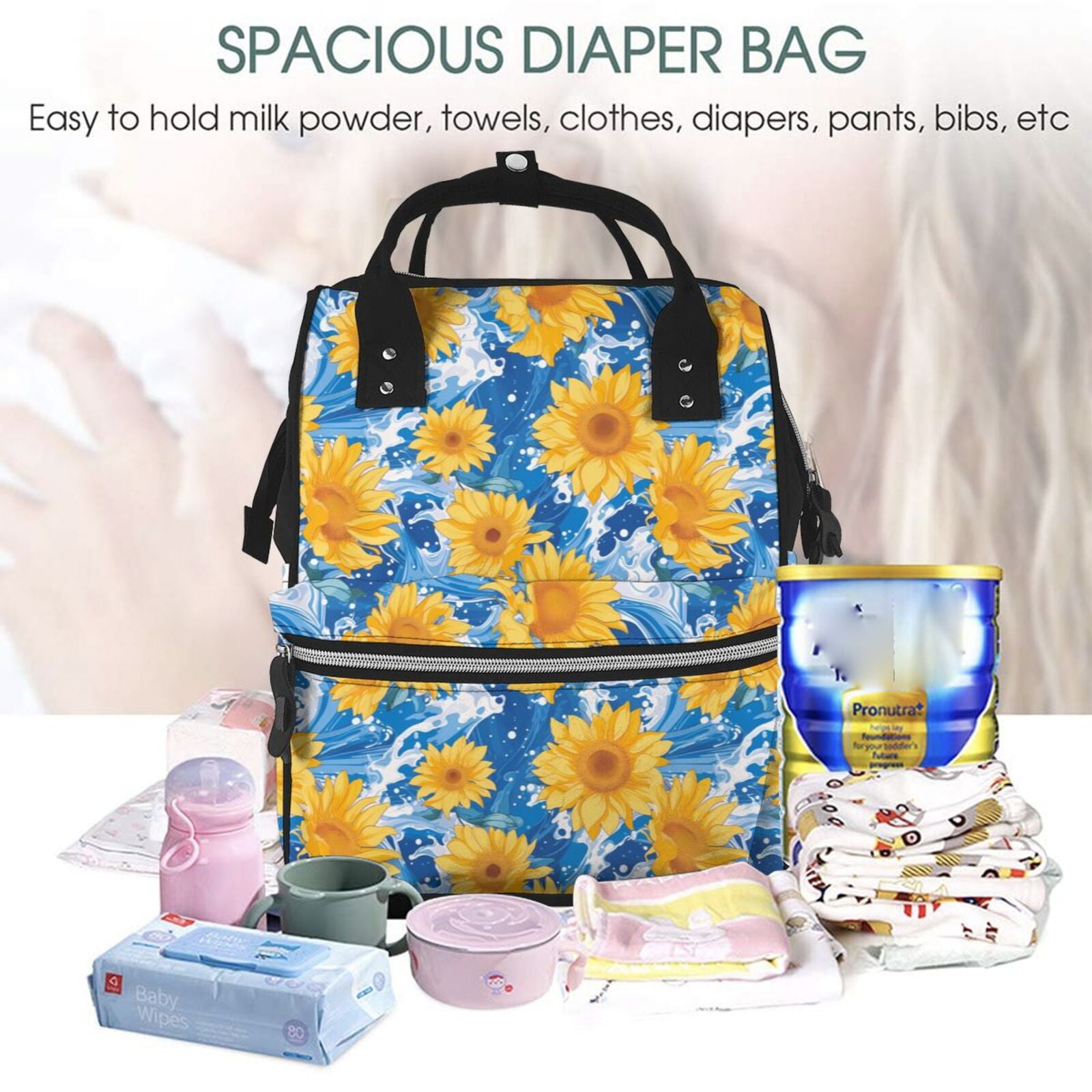 Fuzoiu Ocean Wave Sunflower Print Diaper Bag Backpack,Baby Essentials Travel Tote,Multi function Waterproof Diaper Bag, Travel Essentials Baby Bag - Unisex