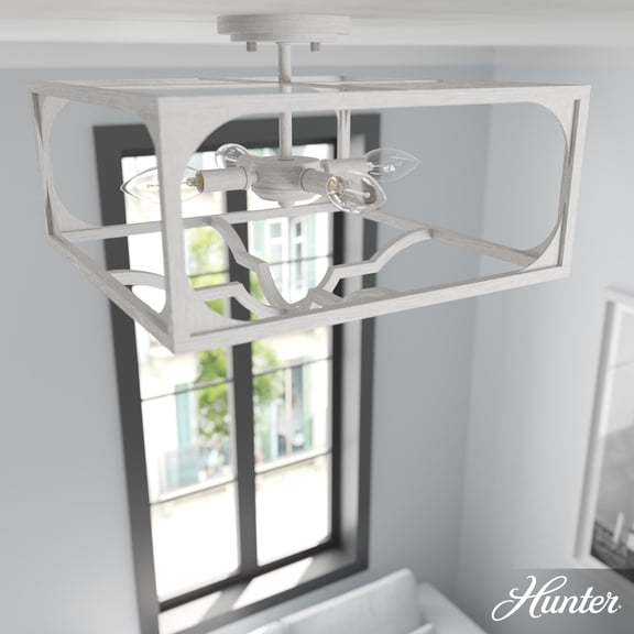 Hunter - Highland Hill 4-light Distressed White, Large Flush Mount Light, Dimmable, Formal Style, Square Shaped, for Bedrooms, Dining, Living Rooms - 19292