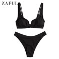 thumbnail image 2 of ZAFUL for Women's Swimwear High Cut V-wired Ribbed Bikini Set Black L, 2 of 7