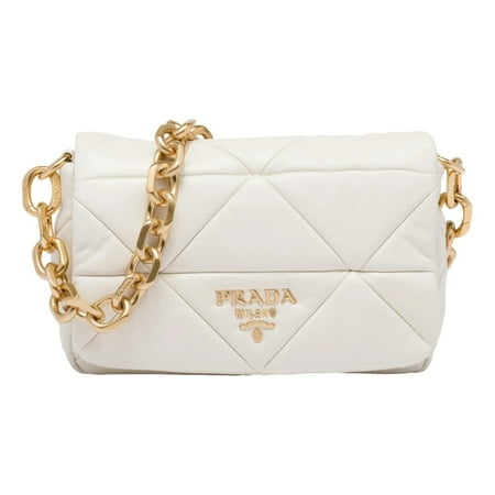 Prada Gold Logo Ivory Quilted Nappa Patch Leather Shoulder Bag