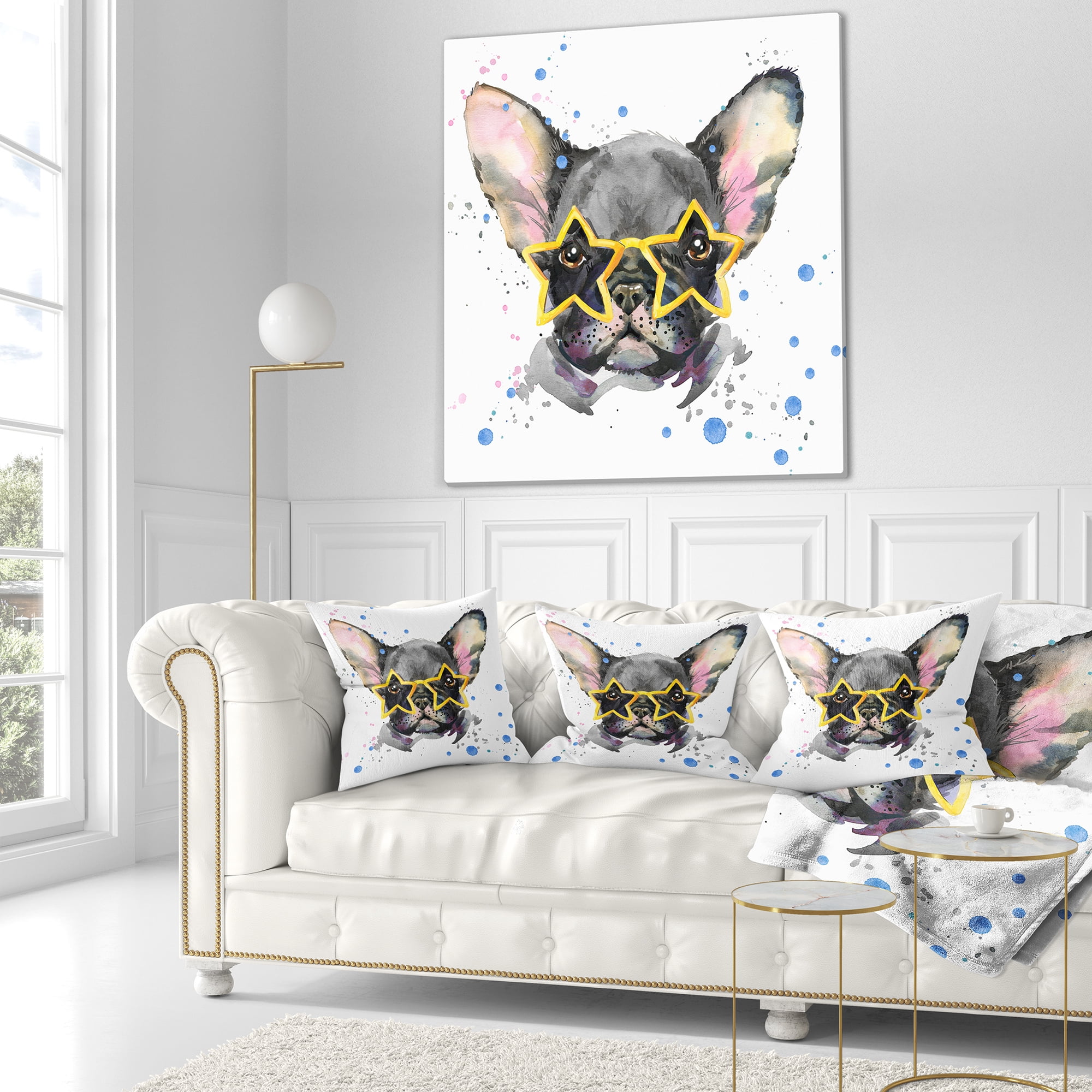 Designart Black French Bulldog with Stars - Animal Throw Pillow - 16x16