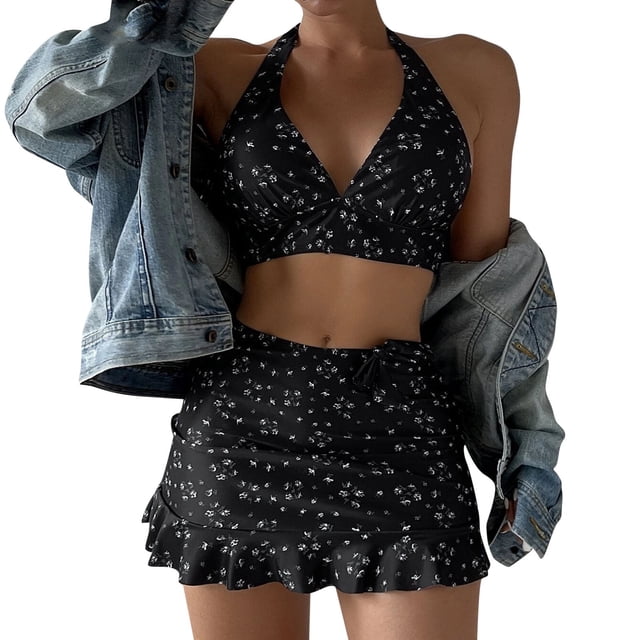 CAICJ98 Womens Swimsuits Woman V Neck Multicolor Printed Tankini Swimsuit with Halter Top Two Pieces Swim Suit Medium Rised Brief Bathing Suits Black,XL