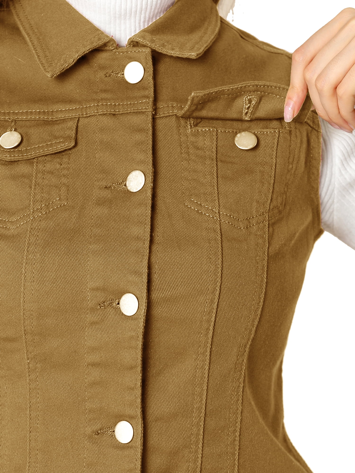 DARING DIVA Women's Denim Sleeveless Flap Pockets Vest Jacket S Khaki