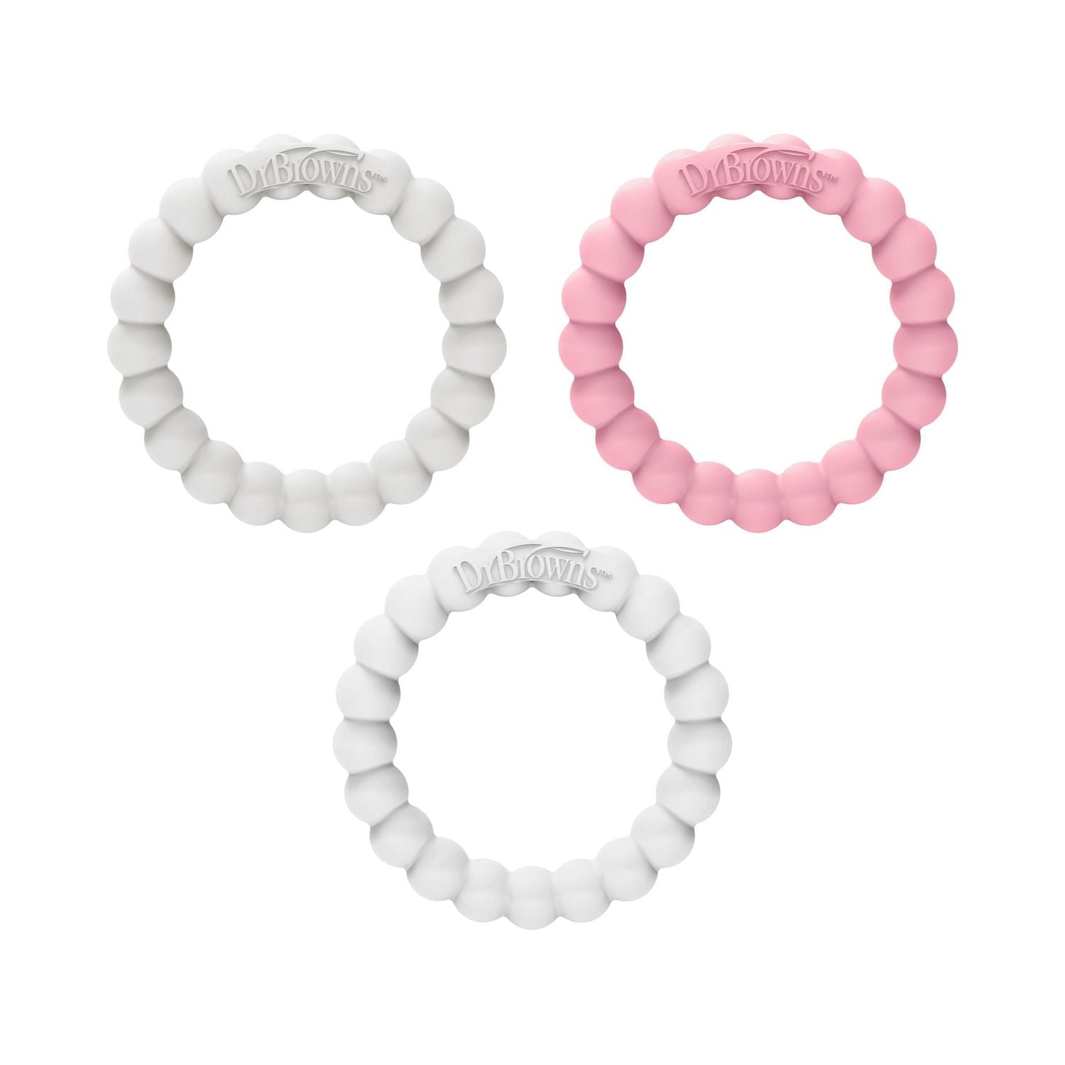 Dr. Brown's Flexees Beaded Teether Rings, 100% Silicone, Soft Easy to Hold, Encourages Self-Soothing, White/Pink/Gray, BPA-Free, 3-pack
