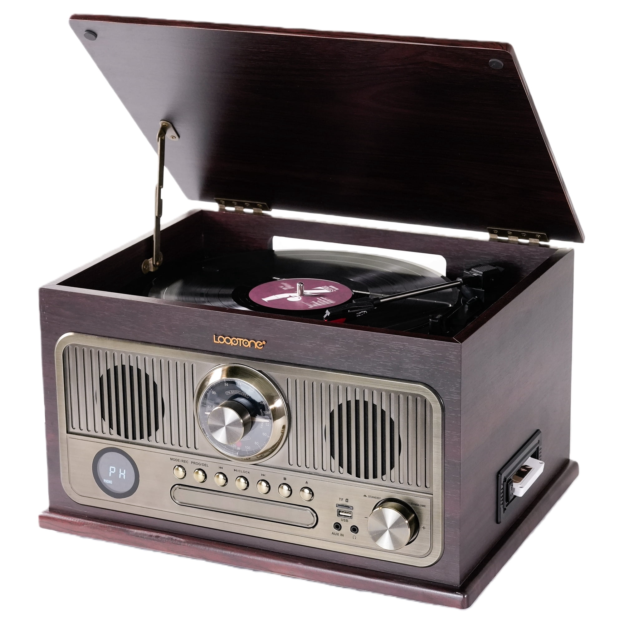LoopTone All in One Bluetooth Vintage Turntable with 3 Speed Vinyl Record Player,CD Player/Cassette Tape/USB/TF Card,AUX in,FM/AM Radio,RCA Out,Recording