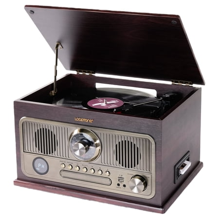 LoopTone All in One Bluetooth Vintage Turntable with 3 Speed Vinyl Record Player,CD Player/Cassette Tape/USB/TF Card,AUX in,FM/AM Radio,RCA Out,Recording