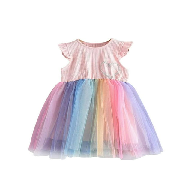 MesaSe Bébé Fille Vacances Robe de Fête Robe Maille Arc-en-Ciel Mouche Manches Princesse Jupe