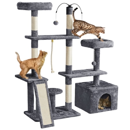 Easyfashion Multilevel Plush Cat Tree with Dangling Balls for Cats and Kittens  Dark Gray