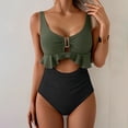 thumbnail image 4 of Women's Swimsuits One Piece Swimsuit Tummy Control Ruffled Bathing Suit V Neck Cutout Swim Suit Tie Back Swimwear Army Green S, 4 of 6