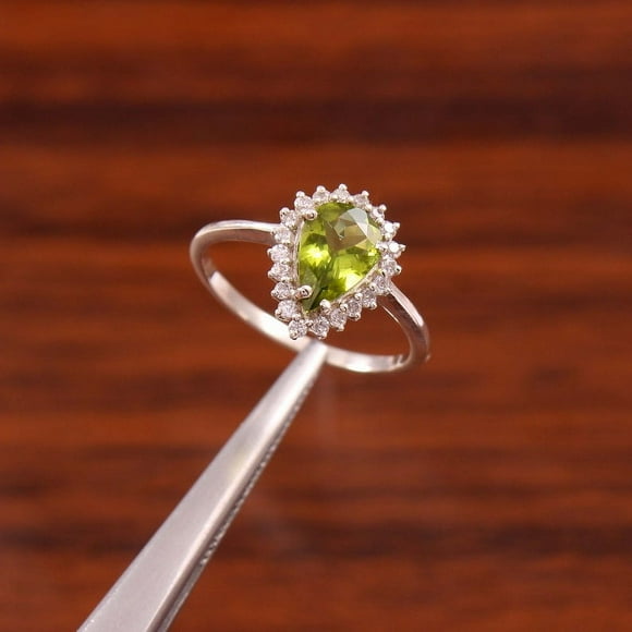 Peridot Ring, Beautiful Peridot, Zircon Ring, Promise Ring, Anniversary Ring, August Birthstone, Bridal Ring, Pear Cut, 6x9 mm, staller Ring