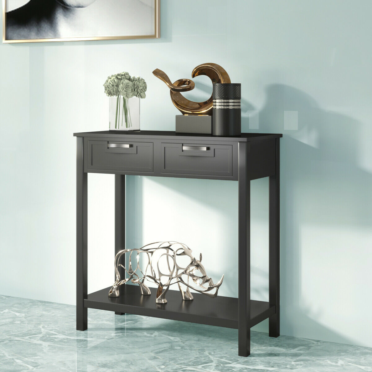 Gymax Console Table with 2 Drawers, Black