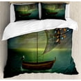 thumbnail image 1 of Marine Duvet Cover Set King Size, Lonely Boat Sailing in a Calm Sea with Butterflies Colorful Nautical Illustration, 3 Piece Bedding Set with 2 Pillow Shams, Multicolor, by Ambesonne, 1 of 3