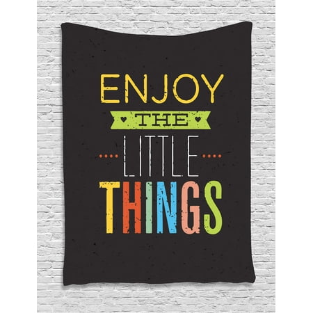 Enjoy the Little Things Tapestry, Modern Style Calligraphy Colorful Letters Design with Grunge Effect, Wall Hanging for Bedroom Living Room Dorm Decor, 40W X 60L Inches, Multicolor, by