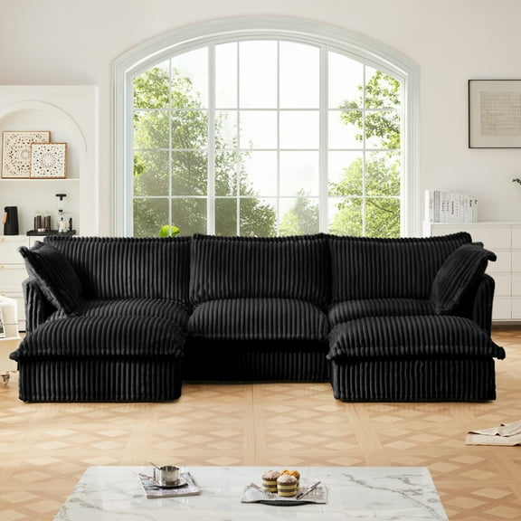 Corduroy Couch U-Shape 3 Seater Sectional Sofa, Living Room Couch with Deep Seats & French Edges, Modular Cloud Couch with Big Pillows, Slipcovered for Apartment, Black