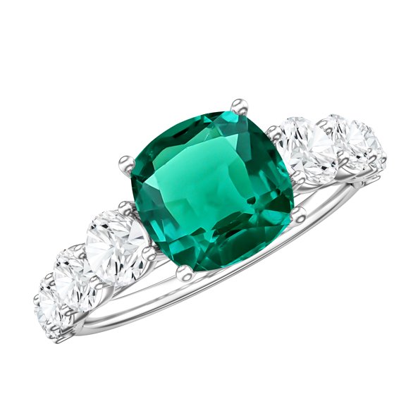 Rosec Jewels Lab Created Emerald Engagement Ring for Women - 2 Carat - AAAA Quality Cushion Cut Emerald Ring with Moissanite, 925 Sterling Silver, US 4.00