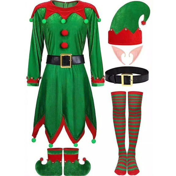 Christmas Elf Costume for Women Girls Mommy and Me Outfits Long Sleeve Holiday Velvet Dress Matching Set Role-Play Party, Mom, S