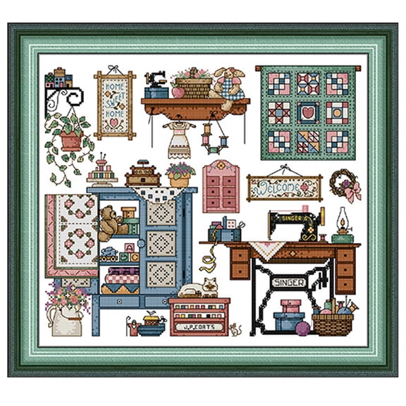 Cross Stitch Kit, 20.5 x 18.1 inch, Sewing time design, 11 CT Pre-Printed, CroStitch
