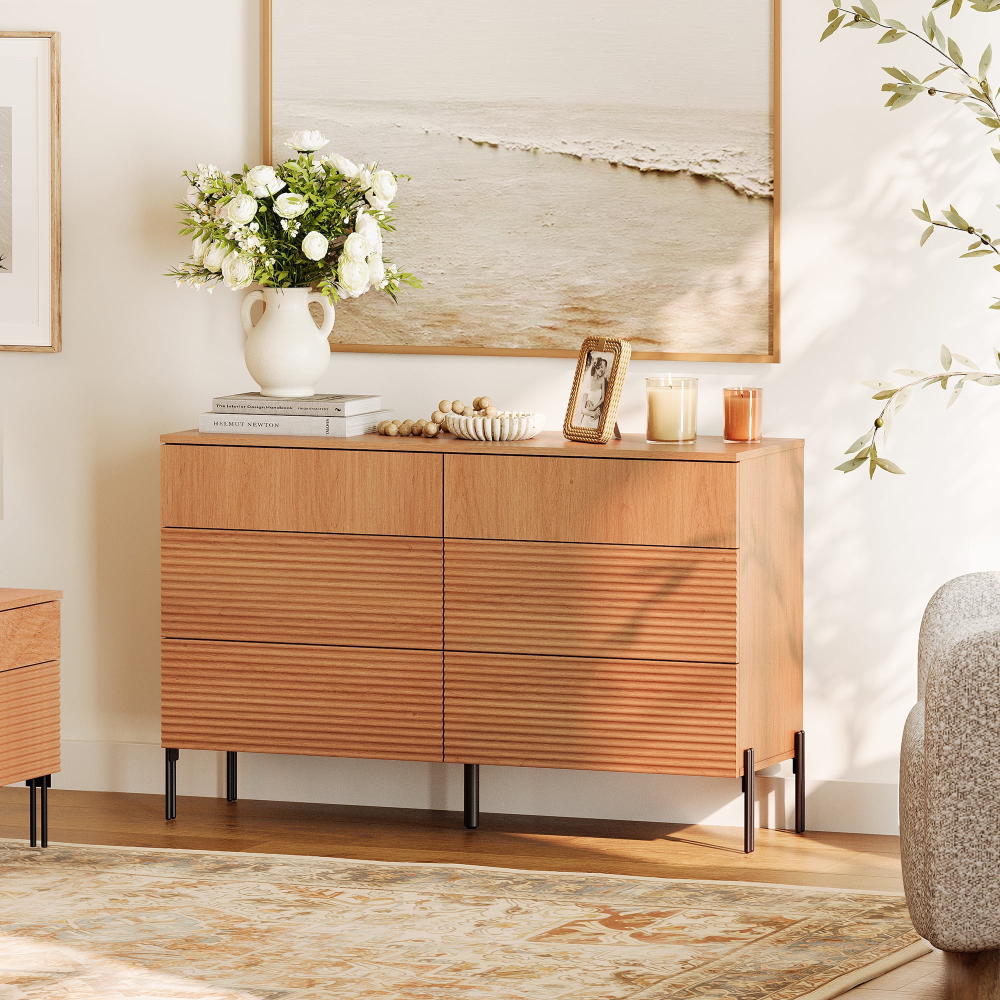 2 Pcs Bedroom Set, 6 Drawer Dresser And Nightstand Set with Minimalist Reeded Design, Oak Double Dresser With Hidden Handles