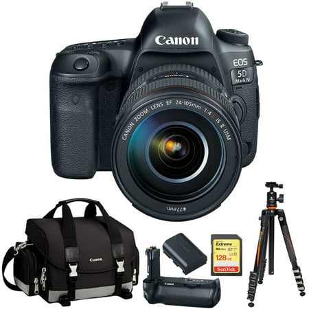 Canon EOS 5D Mark IV Full Frame DSLR Camera + EF 24-105mm f/4L IS II USM Lens Bundle with Gadget Bag, Battery Grip, Battery Pack, Sandisk 128GB Extreme SD Memory UHS-I Card, and Aluminum Travel Tripo