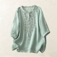 thumbnail image 5 of Women's Cotton Linen Shirts Button Up Half Sleeve Embroidered Trendy Casual Tops Travel Summer Beach Outfits (XL, Green), 5 of 6