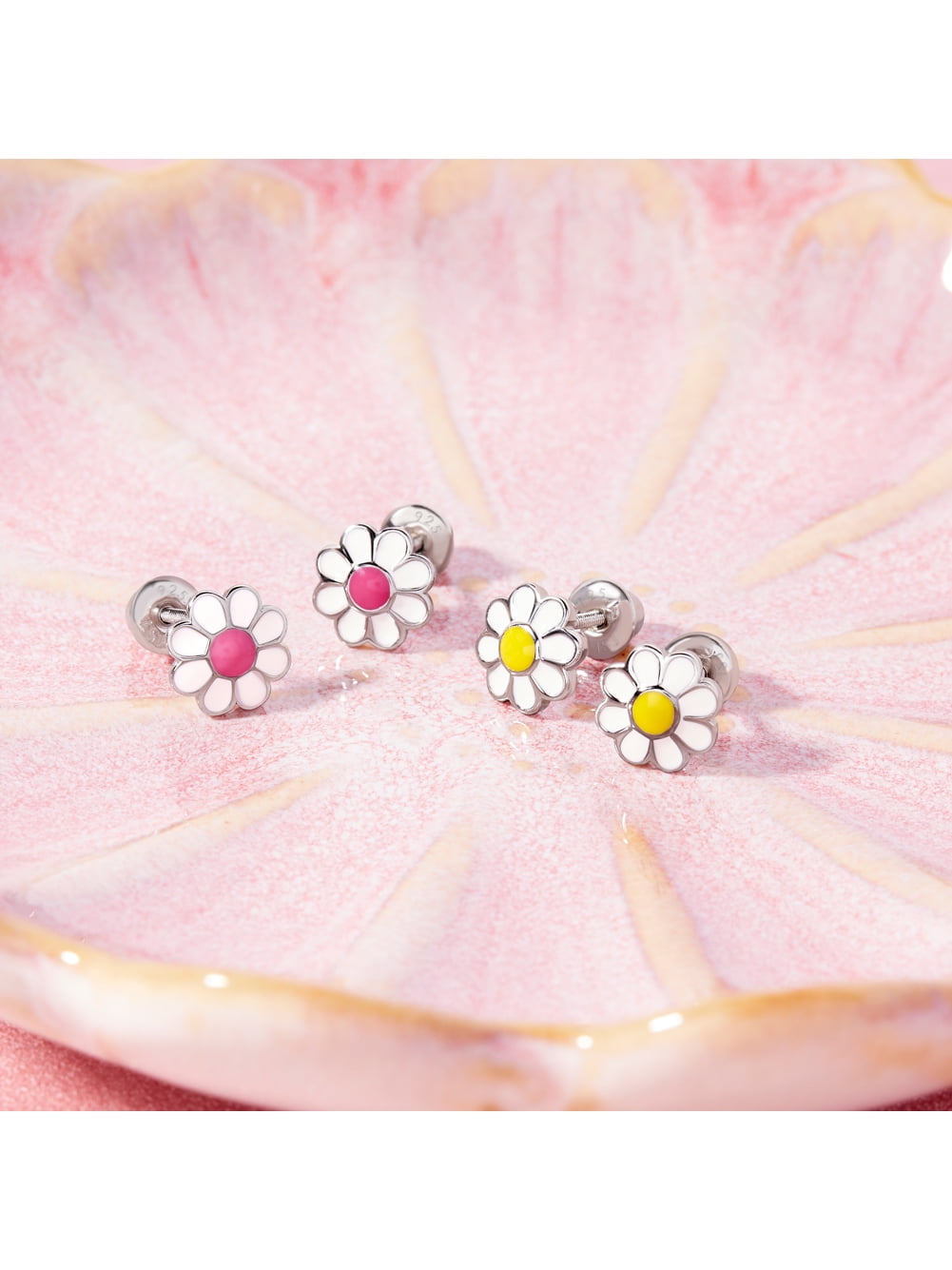 925 Sterling Silver Enamel Daisy Screw Back Earrings for Toddler Girls Flower