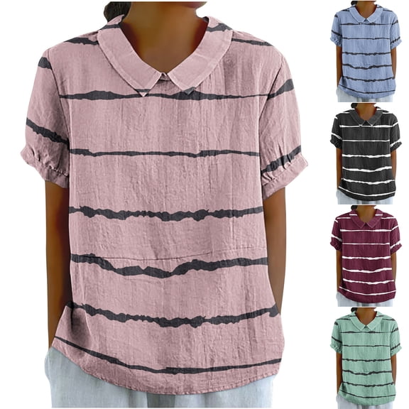 YHAJDS Short Sleeve Sweater for Women Collar Style Loose Fit Casual Print Shirt