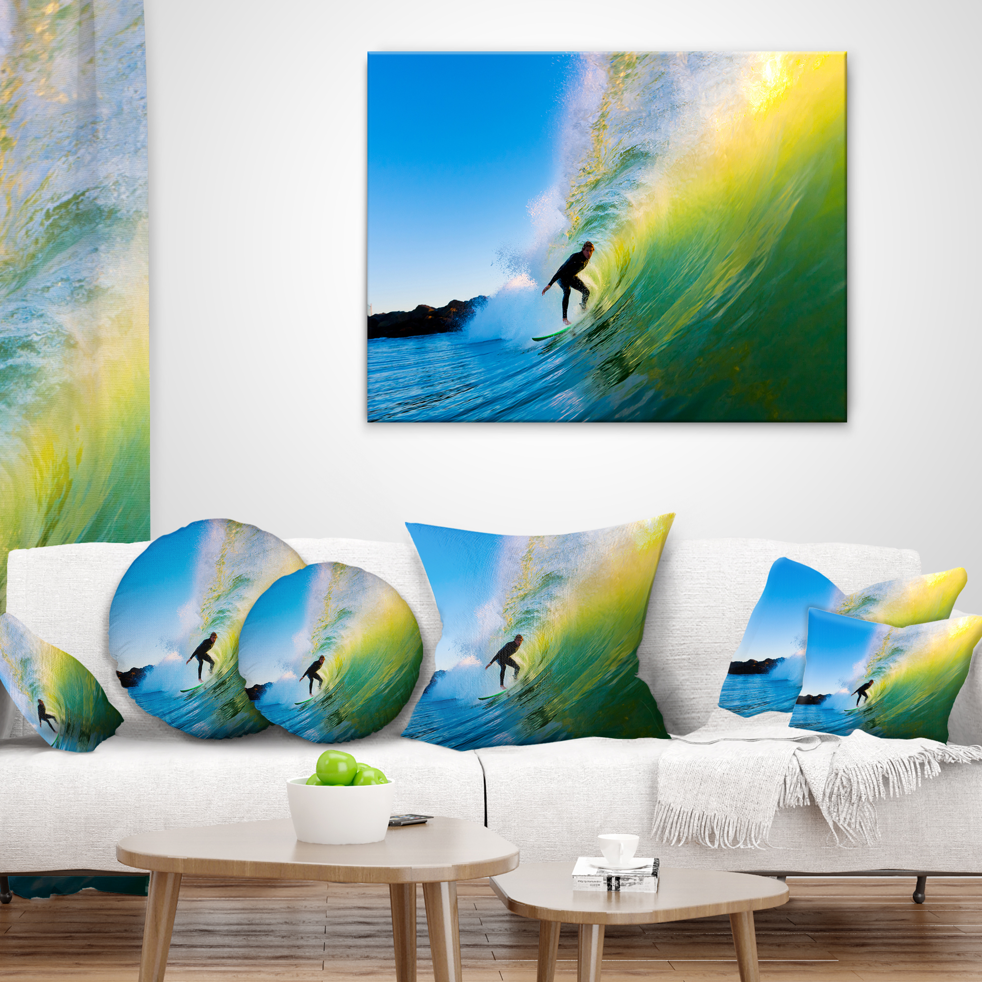 Designart Surfer Beating Green Waves - Photography Throw Pillow - 18x18