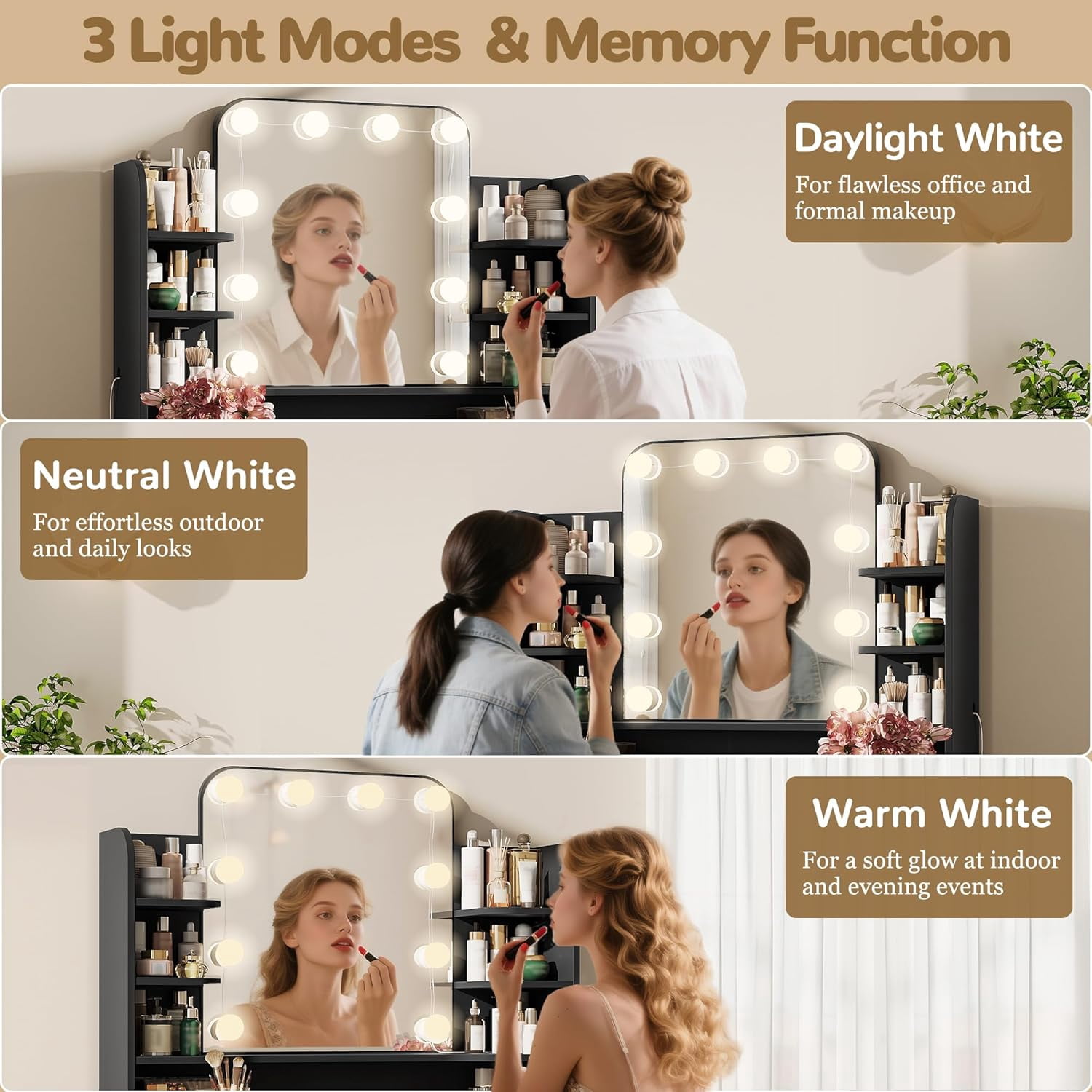 Pipleo 31" W Makeup Vanity Desk with Mirror and Lights, Small Vanity Table with 8 Storage Shelves, Big Drawer and 3 Lighting Colors, Bedroom Vanity for Girls