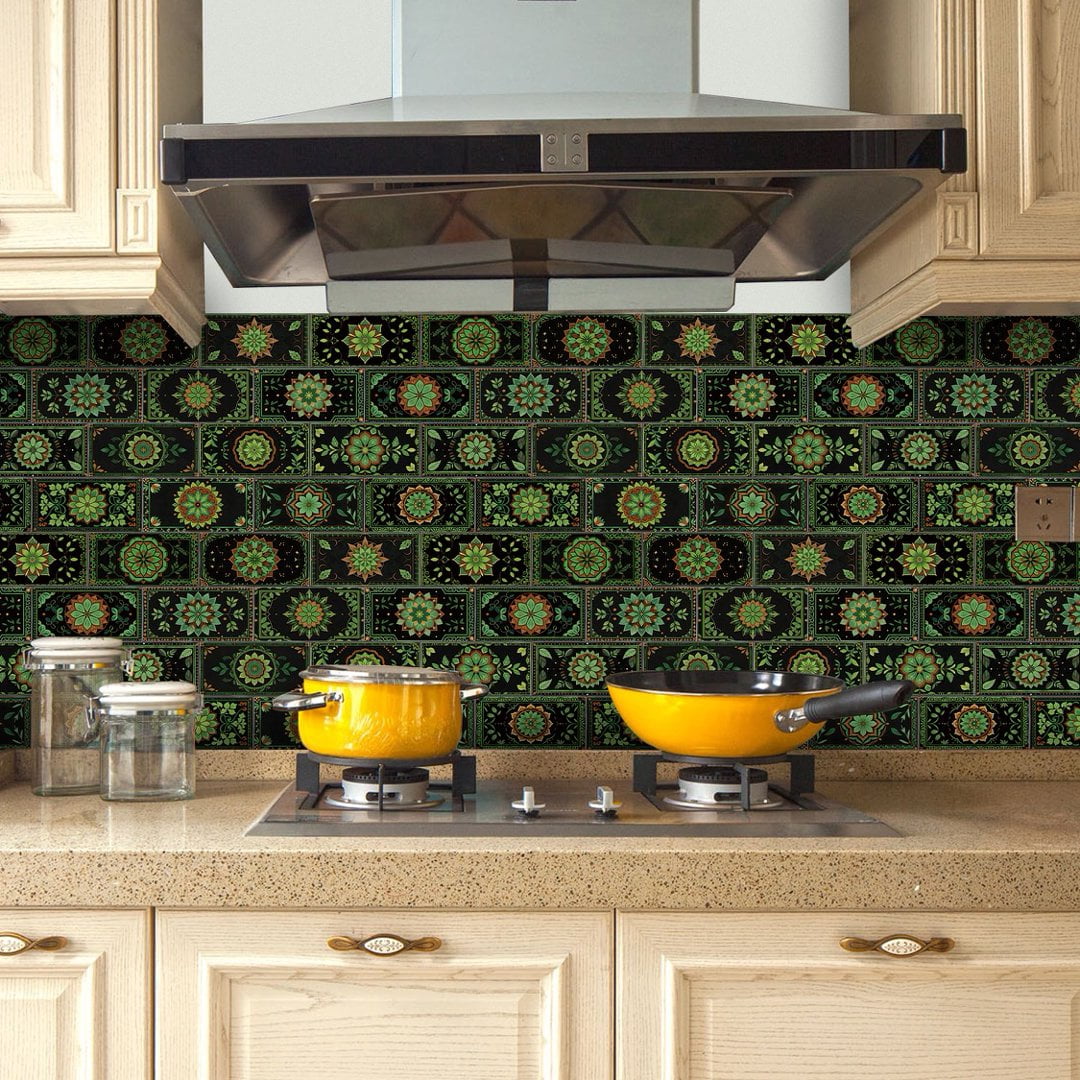 16Pcs Tiles Stickers Wall Decals Green Flowers Pattern 8" x 4" Foaming Board Vinyl Waterproof Peel and Stick Backsplash Mural