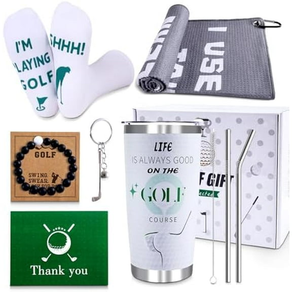 Golf Gifts for Men - 9PC Set: Tumbler, Towel, Socks, Key Chain, Bracelet, Thanks Card; Gift Box; Perfect for Golfer, Dad, Christmas