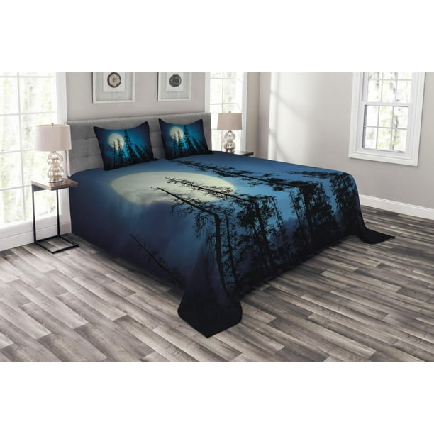Dark Blue Bedspread Set Low Angle View Of Spooky Mysterious Forest With Tall Trees Big Full Moon Decorative Quilted Coverlet Set With Pillow Shams Included Blue Black White By Ambesonne Walmart Com