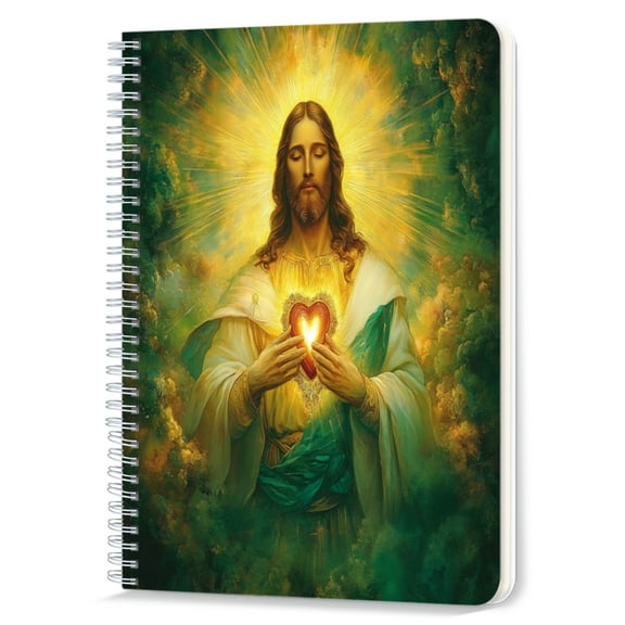 Spiral Notebook,Double-Wire Spiral College Lined Journal Notebook for Study and Notes,100 Pages,5.71x 8.26 in - Jesus with a Glowing Heart in a Green - mist Background