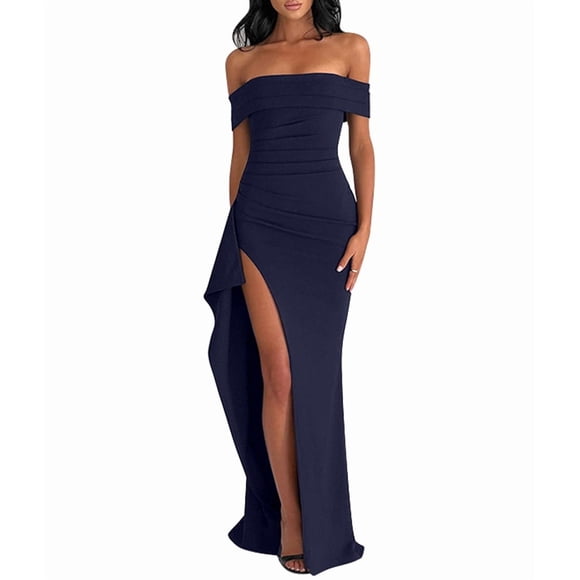 Off the Shoulder Wedding Guest Dress Bodycon High Split Formal Dress Cocktail Party Prom Long Dresses Navy Blue M
